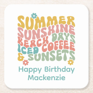 Retro Groovy Zomer Roze Monogram Naam Vierkante Kartonnen Onderzetter