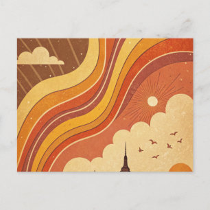 Retro Groovy Zonsondergang Silhouette Kerstkaart Briefkaart
