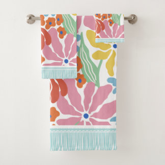 Retro Grote Kleurrijke Bloemen Met Faux Fringe Bad Handdoek