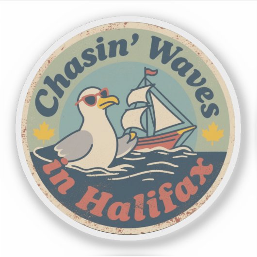 Retro Halifax Seagull Waves Sticker (Voorkant)