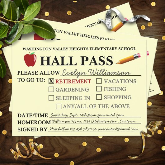 Retro Hall Pass Teacher Retiting Party Invitation Kaart