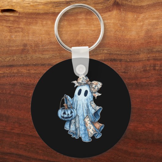 Retro Halloween Blauw Denim Ghost Bloemen Patchwor Sleutelhanger (Voorkant)