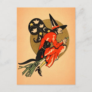 Retro Halloween Broom Witch Briefkaart
