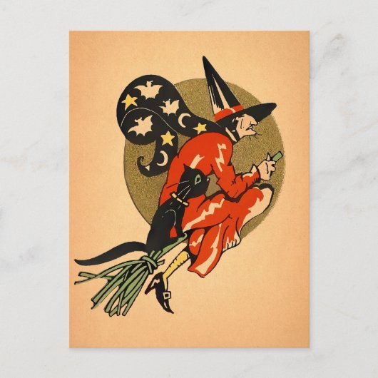 Retro Halloween Broom Witch Briefkaart (Voorkant)