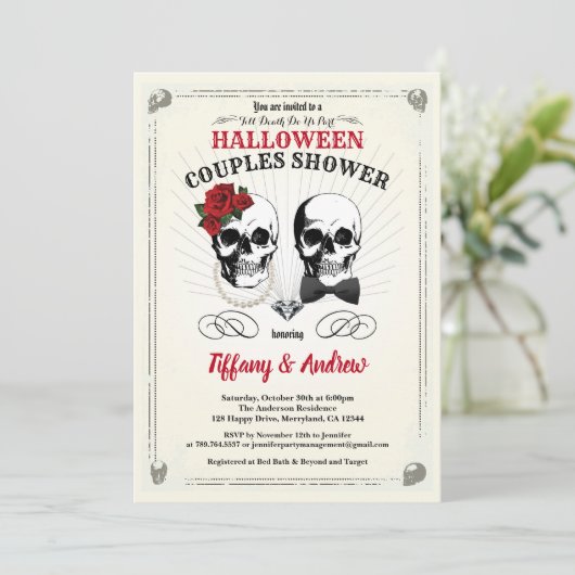 Retro Halloween-doucheuitnodiging voor koppels Kaart (Staand voorkant)