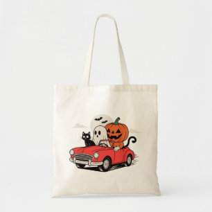 Retro Halloween Geest Rijdt Rode Auto Tote Bag
