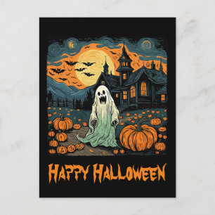 Retro Halloween Ghost Creepy Pompoen Volle Maan Briefkaart
