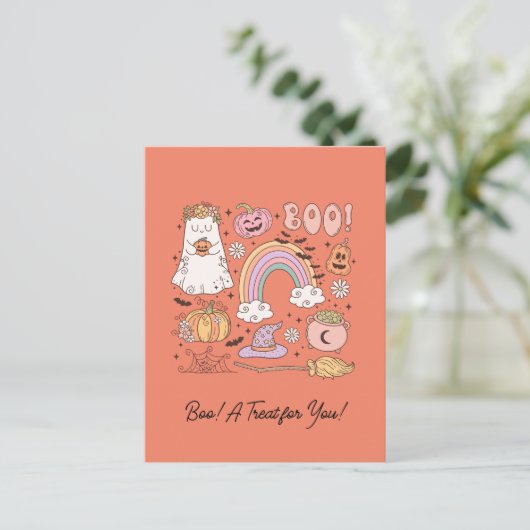 Retro Halloween Ghost Pompoen Spin Web Witch Pet Briefkaart (Staand voorkant)