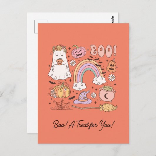 Retro Halloween Ghost Pompoen Spin Web Witch Pet Briefkaart (Voorkant / Achterkant)