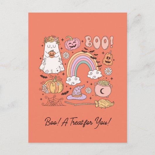 Retro Halloween Ghost Pompoen Spin Web Witch Pet Briefkaart (Voorkant)