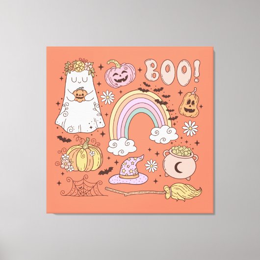 Retro Halloween Ghost Pompoen Spin Web Witch Pet Canvas Afdruk (Voorkant)