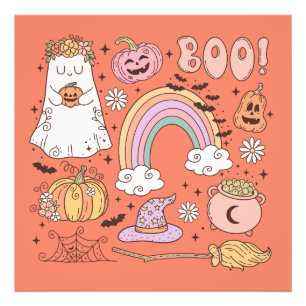 Retro Halloween Ghost Pompoen Spin Web Witch Pet Foto Afdruk