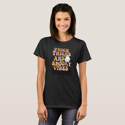 Retro Halloween Ghost Thick Thighs en Spooky Vibe T-shirt (Voorkant volledig)