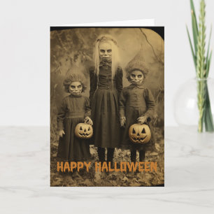 Retro Halloween griezelig kinder met gesneden pomp Feestdagen Kaart