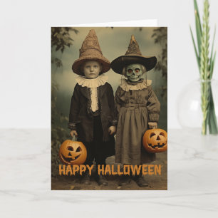 Retro Halloween griezelig kinder met gesneden pomp Feestdagen Kaart