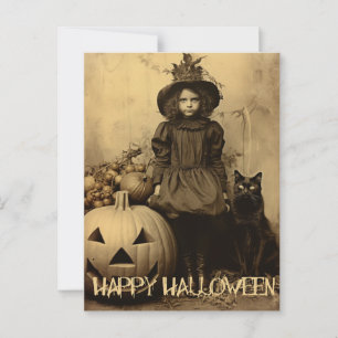 Retro Halloween griezelig meisje met zwarte kat Briefkaart
