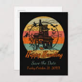Retro Halloween Happy Haunting Haunting House Aankondigingskaart (Voorkant / Achterkant)