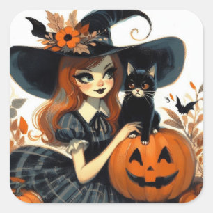 Retro Halloween Heks en Black Cat Spooky Vierkante Sticker