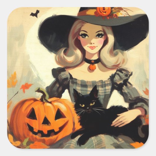 Retro Halloween Heks en Black Cat Spooky Vierkante Sticker (Voorkant)