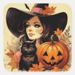 Retro Halloween Heks en Black Cat Spooky Vierkante Sticker