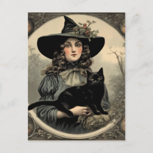 Retro Halloween Heks en Zwarte Kat Briefkaart