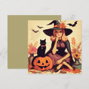 Retro Halloween Heks en Zwarte Platte Wenskaart Kaart