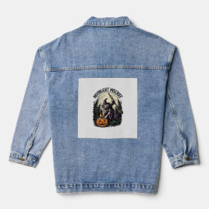 Retro Halloween Heks Maneschijn Ondeugend Grafisch Denim Jacket
