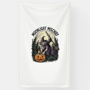Retro Halloween Heks Maneschijn Ondeugend Grafisch Spandoek