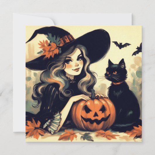 Retro Halloween Heks met Zwarte Kat en Pompoen Kaart (Voorkant)