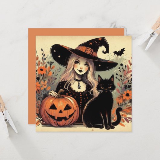 Retro Halloween Heks met Zwarte Kat en Pompoen Kaart (Voorkant / Achterkant in situ)