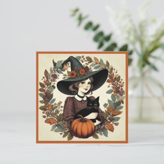 Retro Halloween Heks met Zwarte Kat en Pompoen Kaart (Staand voorkant)