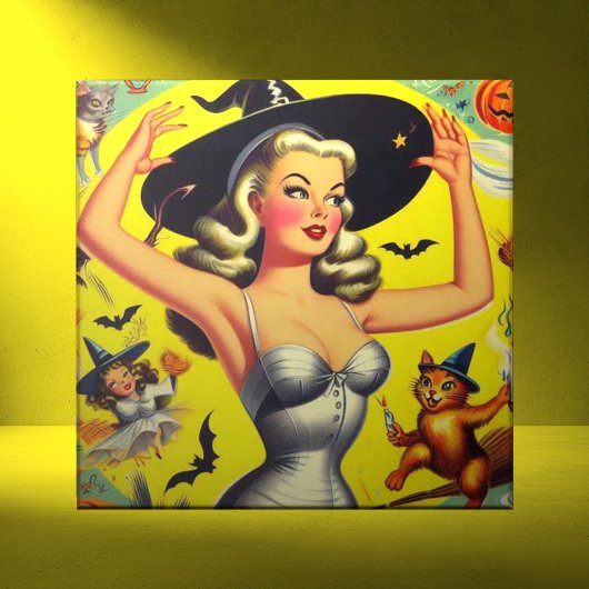 Retro Halloween Heks Pin-up Tegeltje