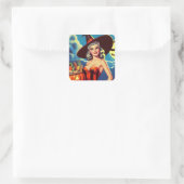 Retro halloween Heks Pin-up Vierkante Sticker (Tas)