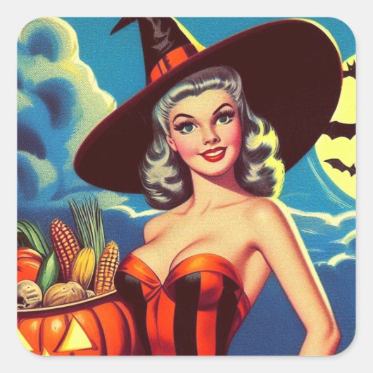 Retro halloween Heks Pin-up Vierkante Sticker (Voorkant)
