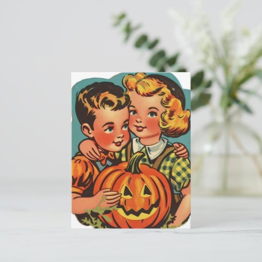 Retro Halloween Jongen en Meisje met Jack-o-Lanter Briefkaart (Staand voorkant)