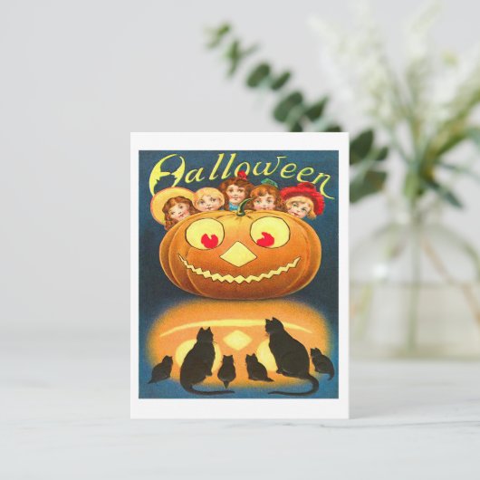 Retro  Halloween kinderen en katten Briefkaart (Staand voorkant)
