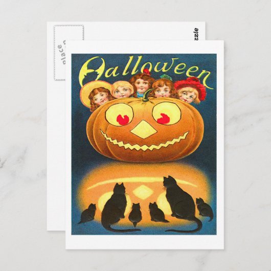 Retro  Halloween kinderen en katten Briefkaart (Voorkant / Achterkant)
