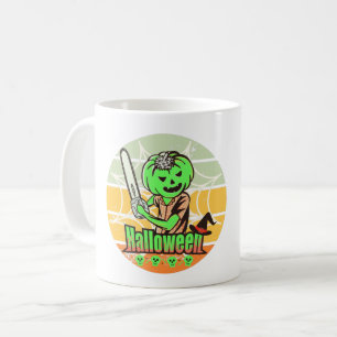 RETRO HALLOWEEN POMPOEN MET KETTINGZAAG EN SKELET KOFFIEMOK