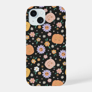 Retro Halloween pompoenen en bloemen patroon iPhone 15 Hoesje