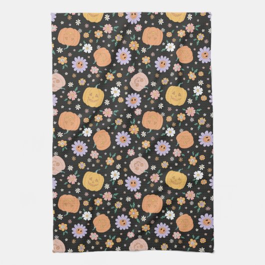 Retro Halloween pompoenen en bloemen patroon Theedoek (Verticaal)