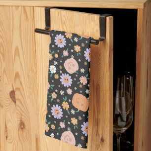 Retro Halloween pompoenen en bloemen patroon Theedoek