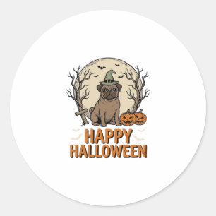 Retro Halloween Pug Hond Heksenhoed Shirt Ontwerp_ Ronde Sticker