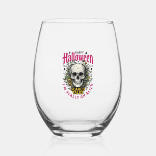 Retro Halloween Schedel Alien Grafisch voor Witte Wijnglas Zonder Voet