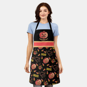 Retro Halloween schort met kattenheks en pompoen