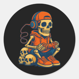 Retro Halloween skelet gamer videospel jongens M Ronde Sticker