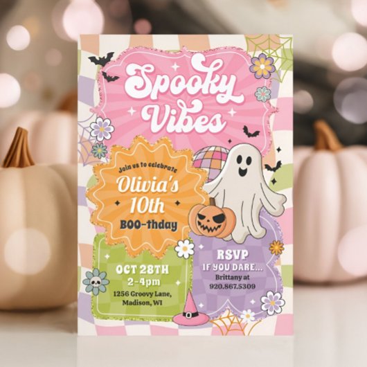 Retro Halloween Spooky Vibes Ghost Verjaardag Meis Kaart