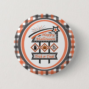Retro Halloween Teken – Trick or treat Plaid Ronde Button 5,7 Cm