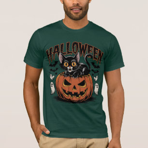 Retro Halloween zwarte kat met pompoen T-shirt