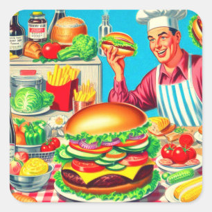 Retro Hamburger Comic Illustratie Vierkante Sticker