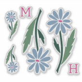 Retro Hand Drawn Blue Flowers Pink Monogram Sticker (Voorkant)